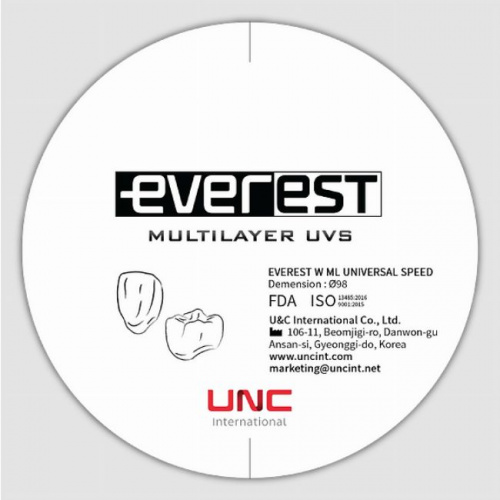 Диск циркониевый Everest Multilayer UVS, размер 95х20мм, оттенок BL1, многослойный, для ускоренной синтеризации за 40 минут