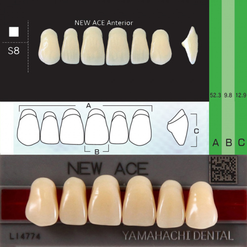 Зубы NEW ACE Anterior, цвет D3, фасон S8 акриловые двухслойные, 6 шт.