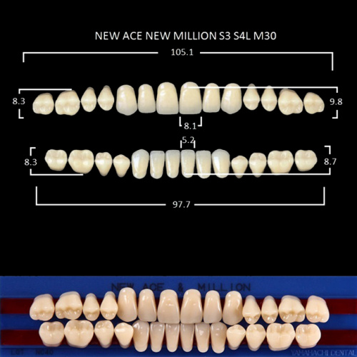 Зубы NEW ACE/NEW MILLION, цвет A3, фасон S3/S4L/M30, полный гарнитур, 28шт.